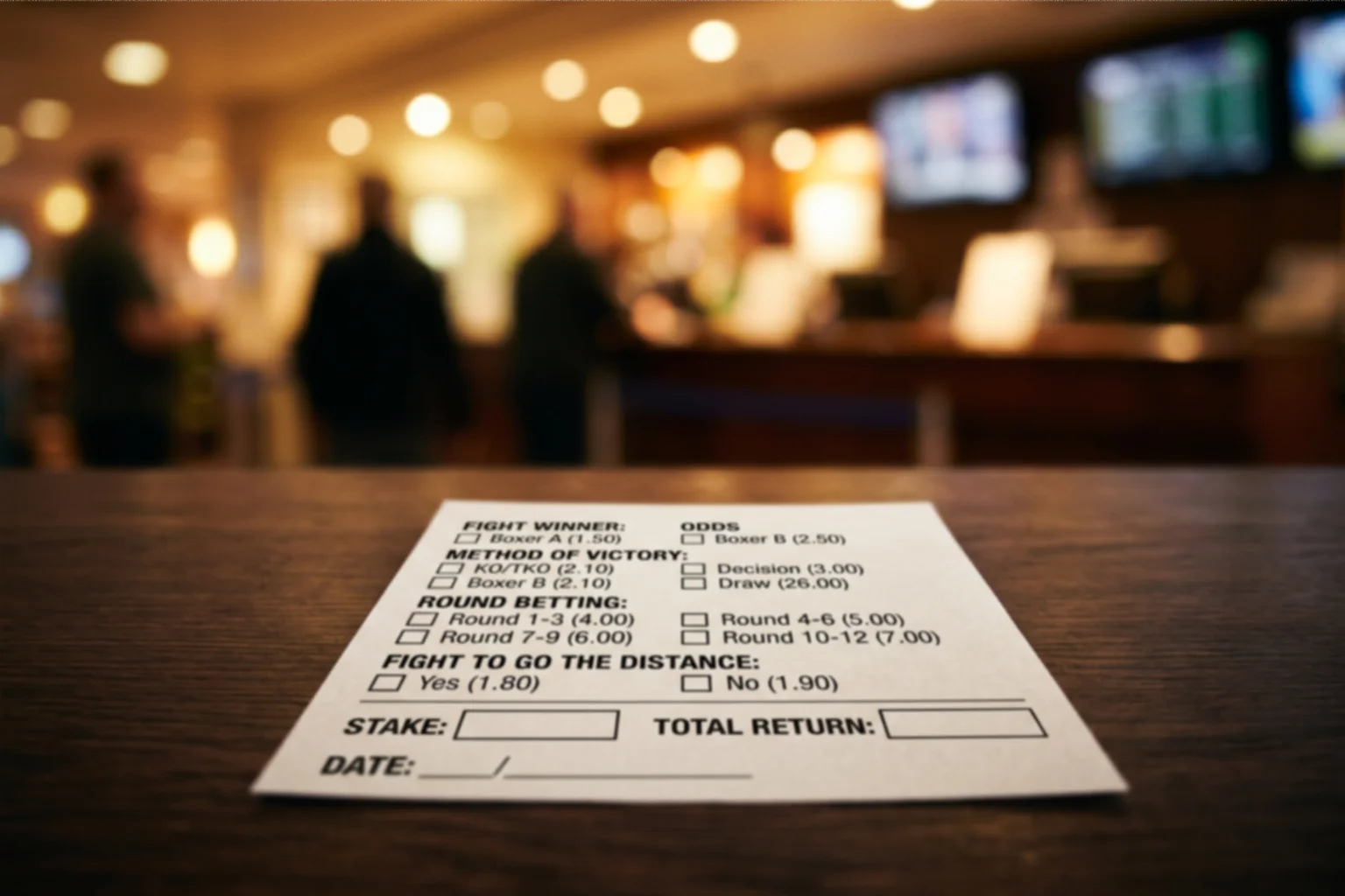 Close-up of a betting slip showing boxing match options including knockout and decision markets