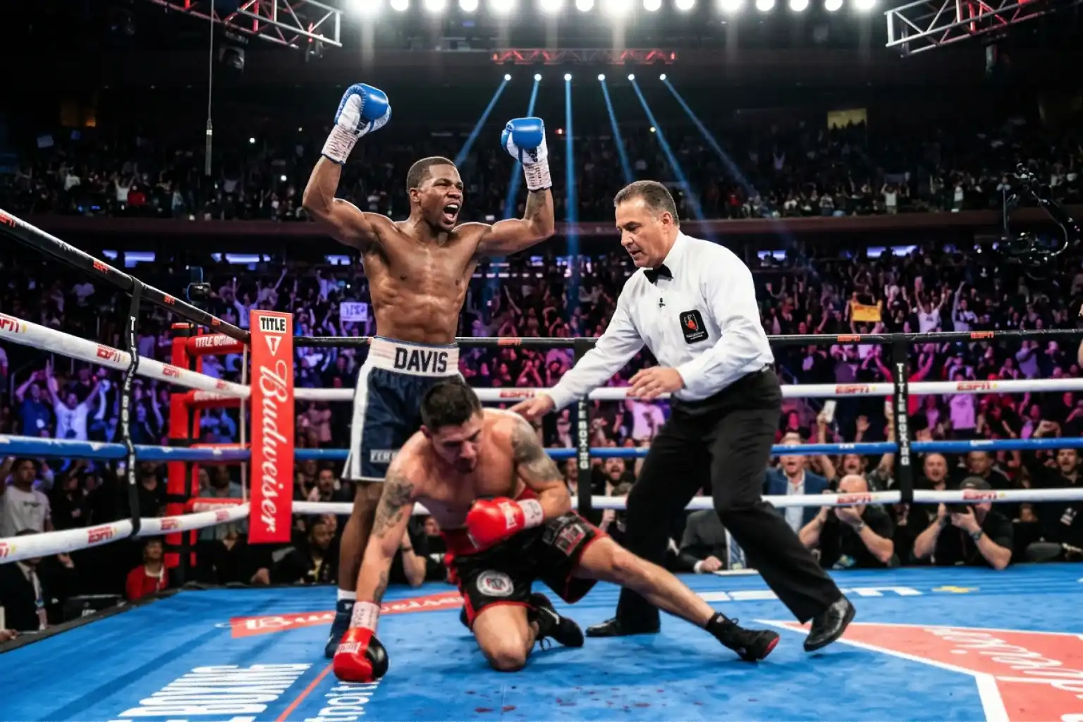 Boxing knockout moment with referee stepping in to stop the fight